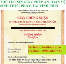 Thủ tục xin giấy phép an toàn vệ sinh thực phẩm tại Vĩnh Phúc