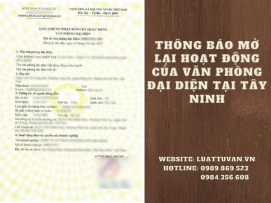 Thông báo mở lại hoạt động của văn phòng đại diện tại Tây Ninh