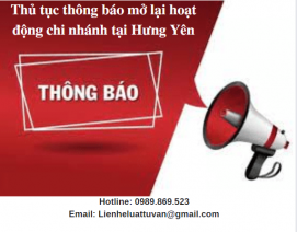 Thủ tục mở lại hoạt động chi nhánh tại Hưng Yên